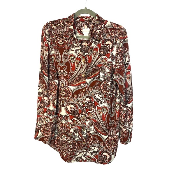 Chico's Tops - Chico’s Blouse Paisley Soft Pleats Long Sleeve Cuffs Gold Buttons Loose Fit